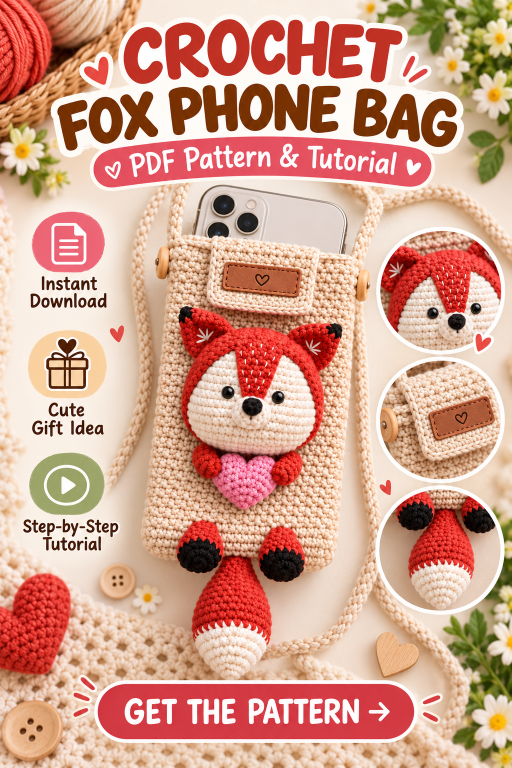 Crochet Fox Phone Bag Pattern PDF | Cute Fox Crossbody Phone Purse Crochet Tutorial