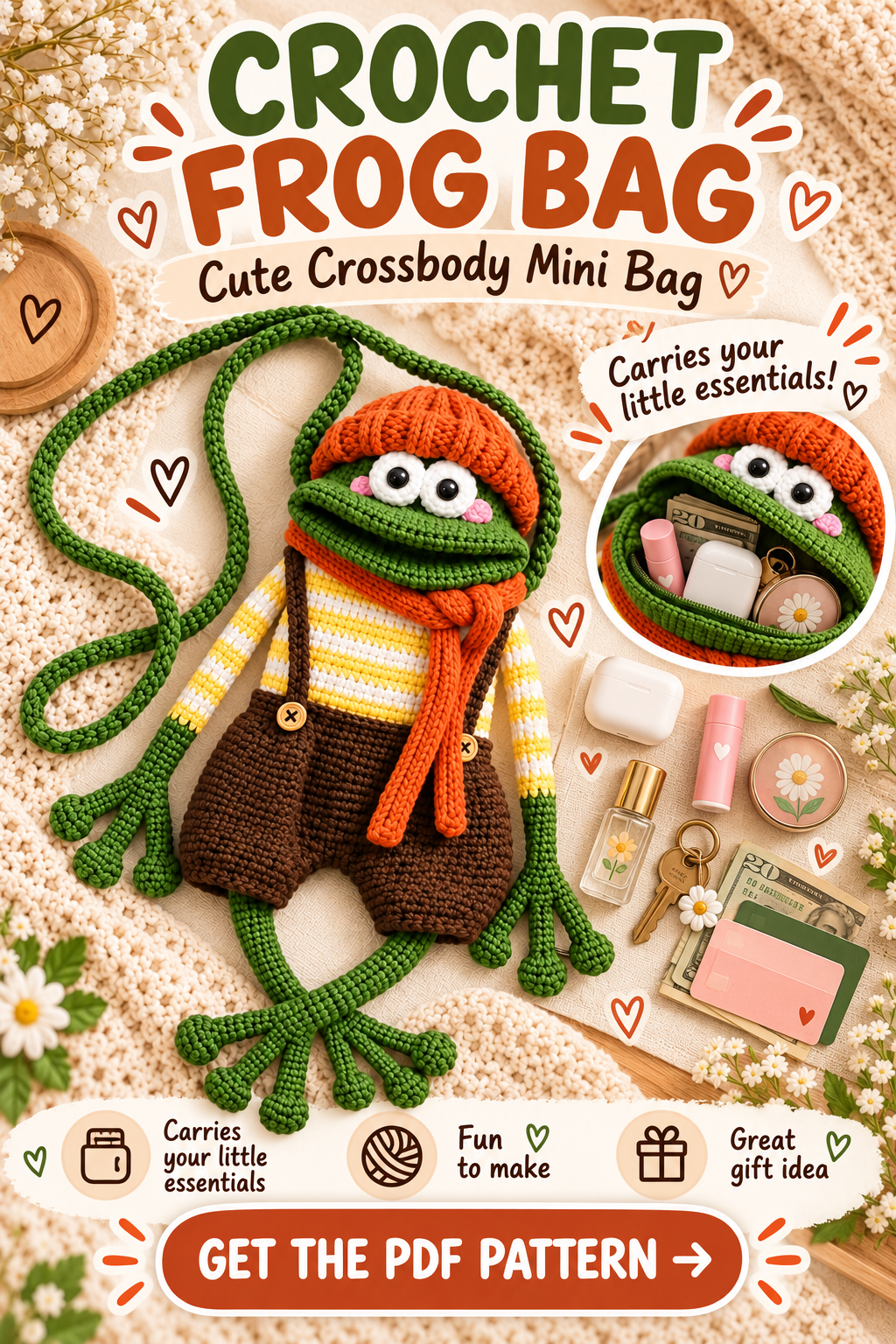 Crochet Frog Bag Pattern PDF | Cute Frog Crossbody Purse with Hat & Scarf
