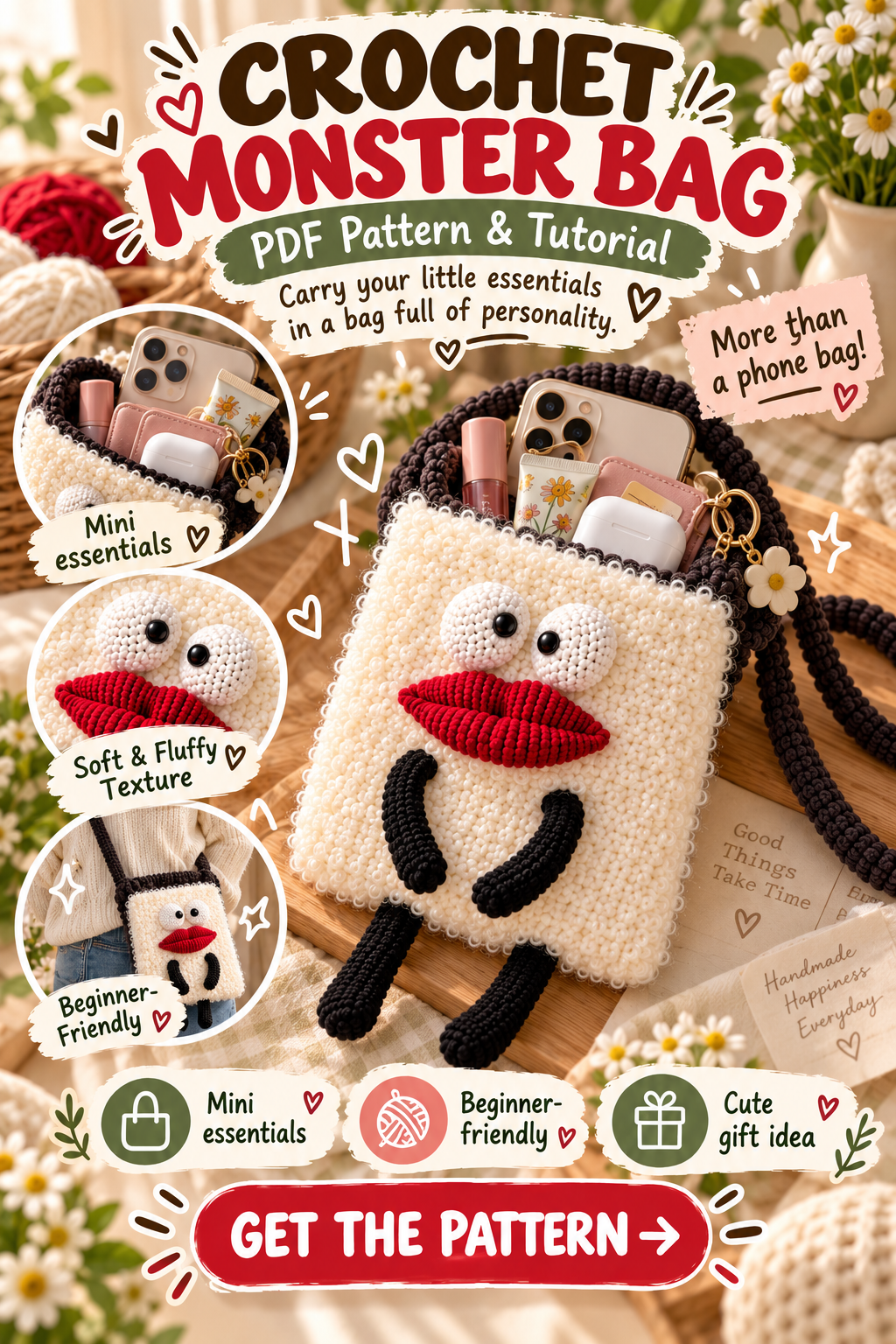 Crochet Monster Bag Pattern PDF | Cute Fluffy Crossbody Purse Knitting & Crochet Tutorial