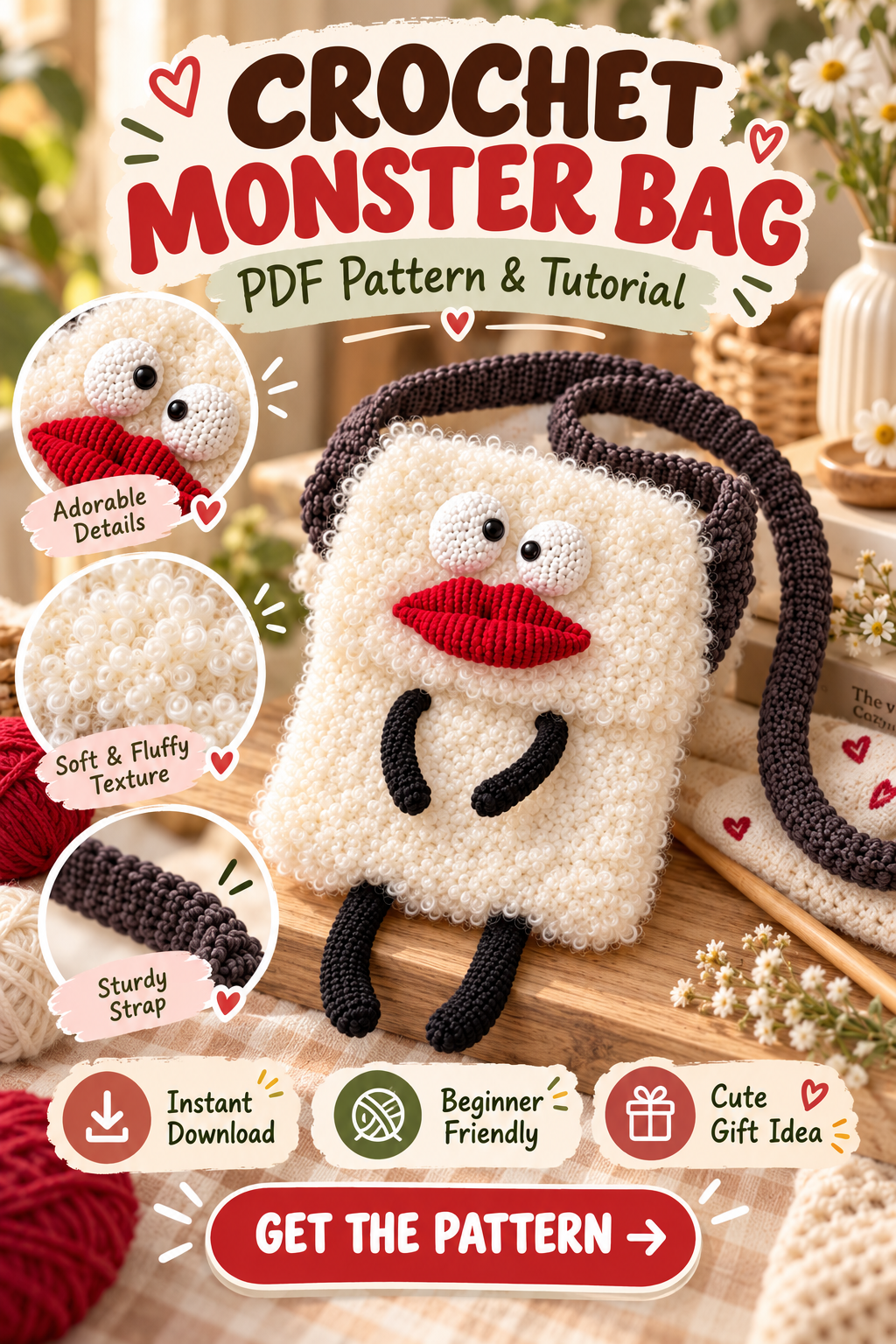 Crochet Monster Bag Pattern PDF | Cute Fluffy Crossbody Purse Knitting & Crochet Tutorial - Image 2