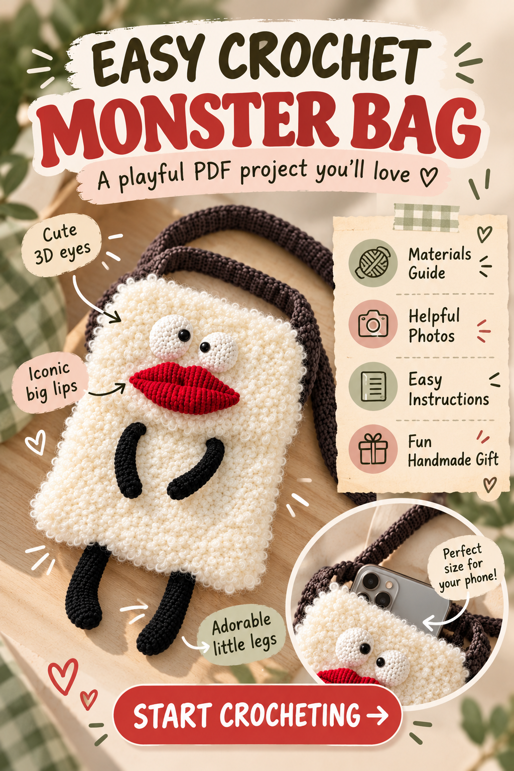 Crochet Monster Bag Pattern PDF | Cute Fluffy Crossbody Purse Knitting & Crochet Tutorial - Image 4