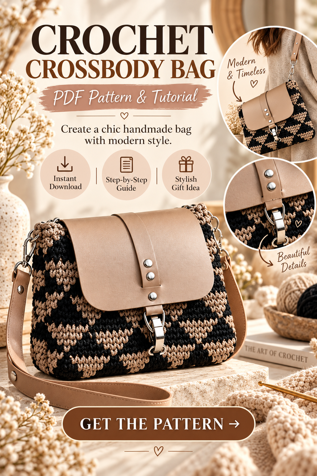 Crochet Crossbody Bag Pattern PDF | Modern Black & Beige Shoulder Purse with Flap - Image 2