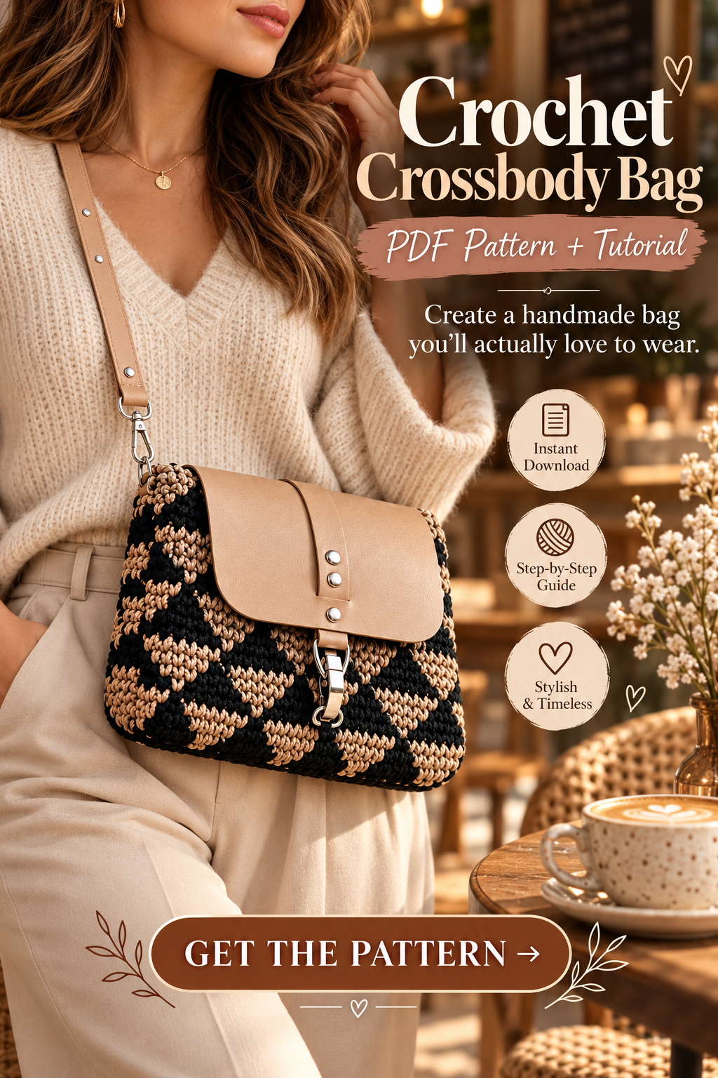 Crochet Crossbody Bag Pattern PDF | Modern Black & Beige Shoulder Purse with Flap