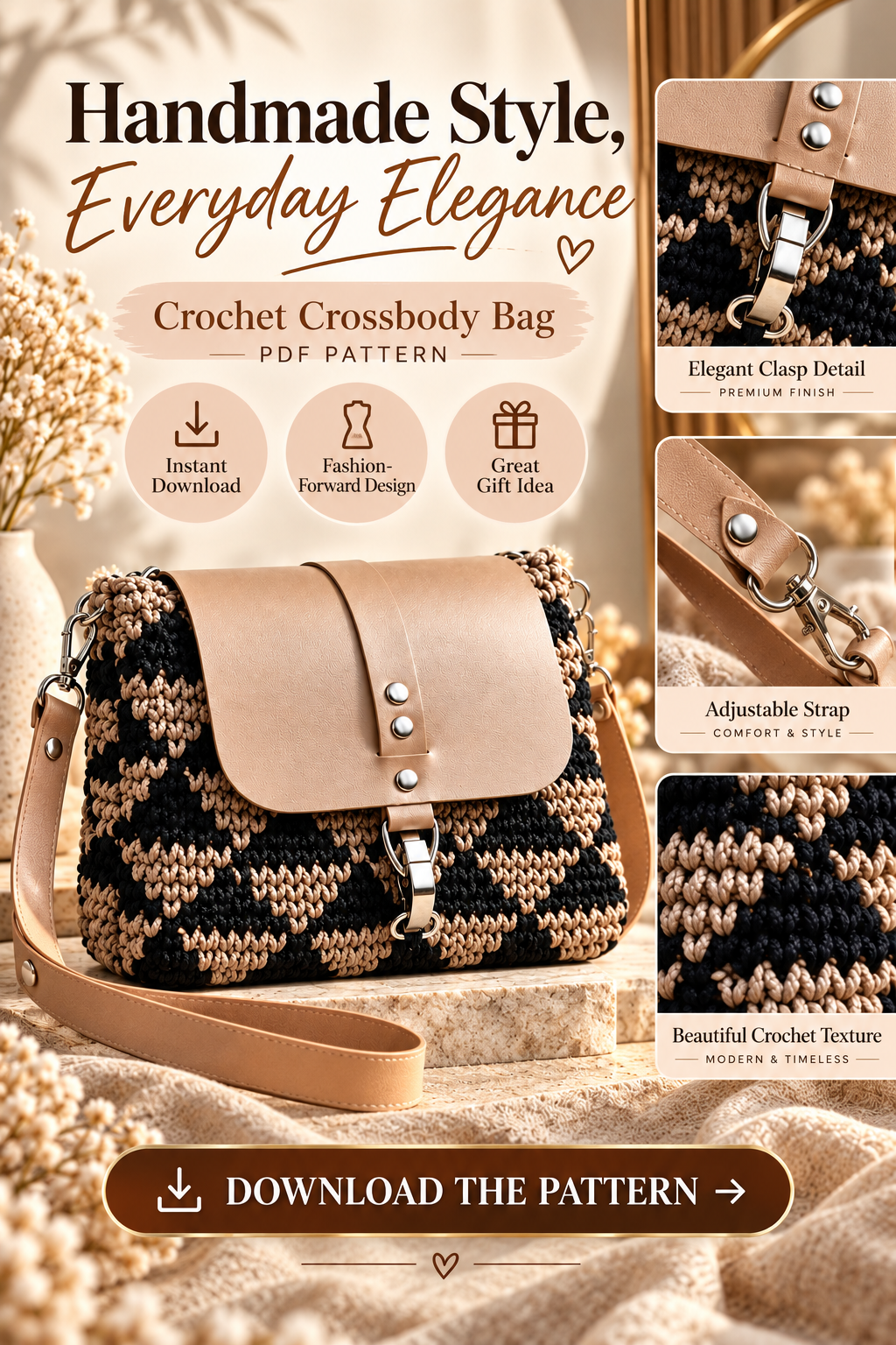 Crochet Crossbody Bag Pattern PDF | Modern Black & Beige Shoulder Purse with Flap - Image 4